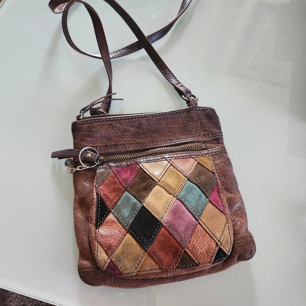 Vintage Fossil Brown Leather Patchwork Crossbody Boho Retro 70's Hippie Festival